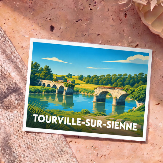 Carte postale souvenir de la ville de Tourville-sur-Sienne avec une illustration stylisée d'un pont en pierre traversant la rivière.