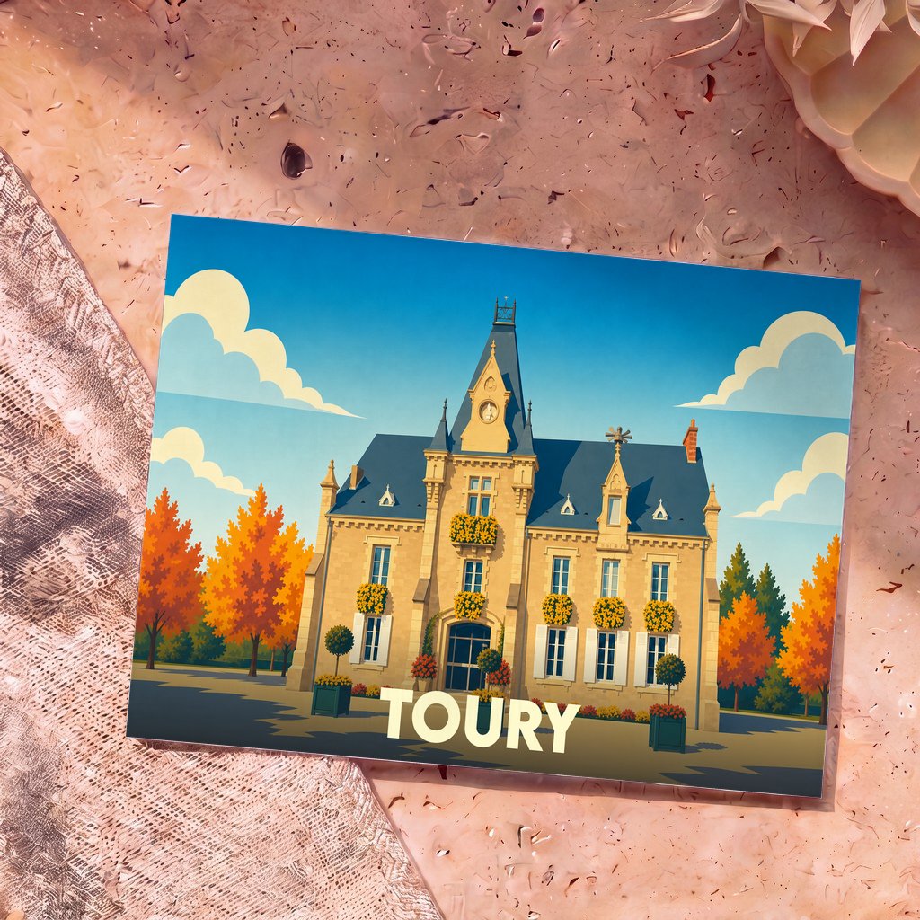 Carte postale souvenir de la ville de Toury avec une illustration stylisée d'un château en automne.