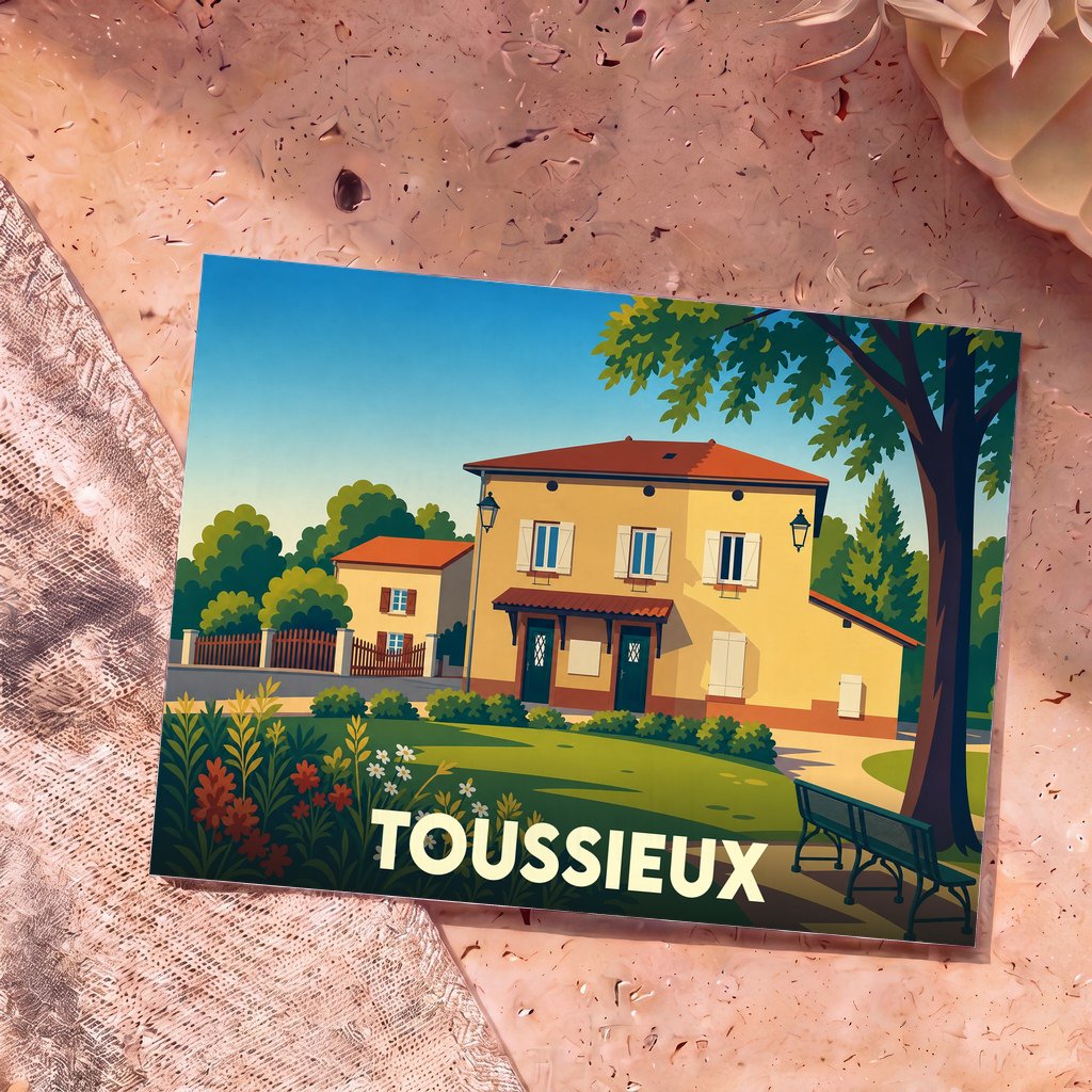 Carte postale souvenir de la ville de Toussieux avec une illustration stylisée d'une maison traditionnelle.