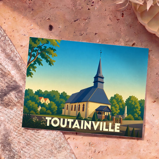 Carte postale souvenir de la ville de Toutainville avec une illustration stylisée de son église.