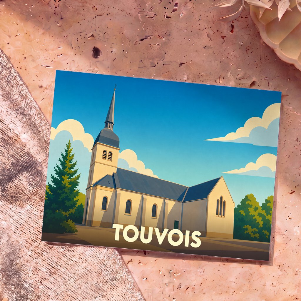 Carte postale souvenir de la ville de Touvois avec une illustration stylisée de son église.