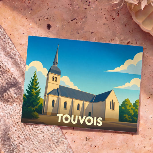 Carte postale souvenir de la ville de Touvois avec une illustration stylisée de son église.
