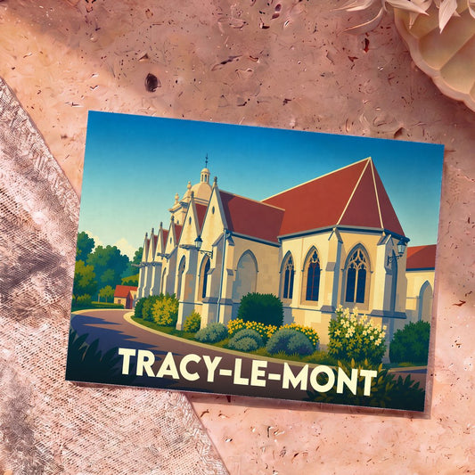 Carte postale souvenir de la ville de Tracy-le-Mont avec une illustration stylisée de son église.