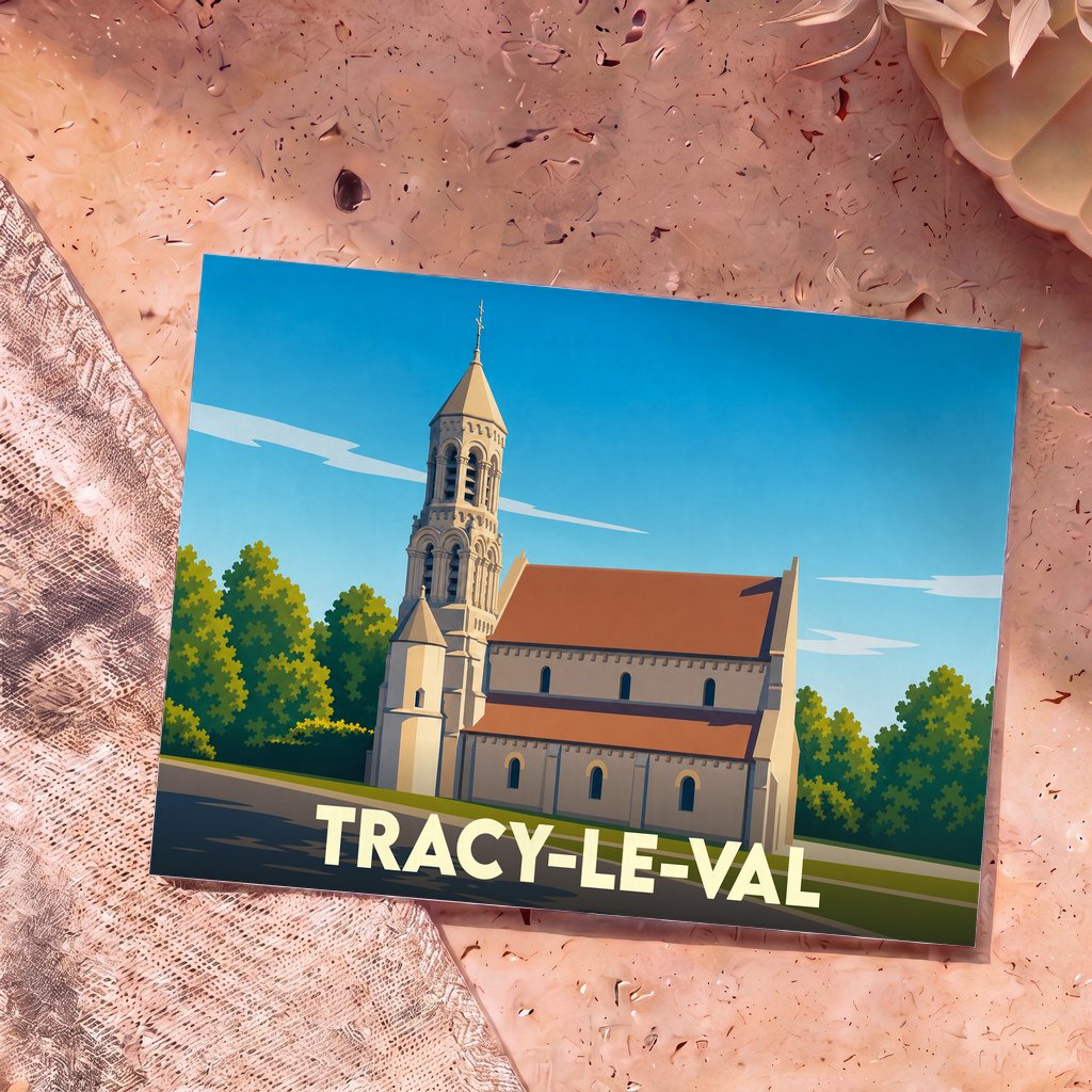 Carte postale souvenir de la ville de Tracy-le-Val avec une illustration stylisée de son église.