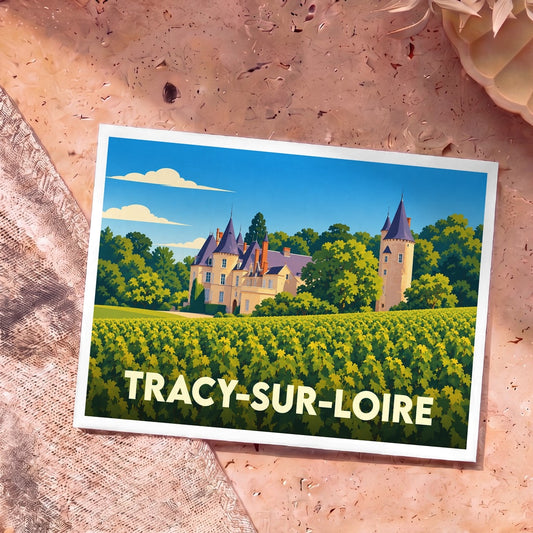 Carte postale souvenir de la ville de Tracy-sur-Loire illustrant un château entouré de vignes.