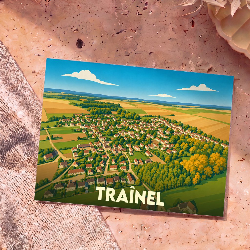 Carte postale souvenir de la ville de Traînel illustrant une vue aérienne stylisée du village et de ses champs.