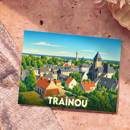 Carte postale souvenir de la ville de Traînou avec une illustration stylisée et colorée de son paysage urbain.