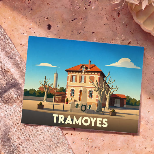 Carte postale souvenir de la ville de Tramoyes avec une illustration stylisée de sa mairie et de son monument aux morts.