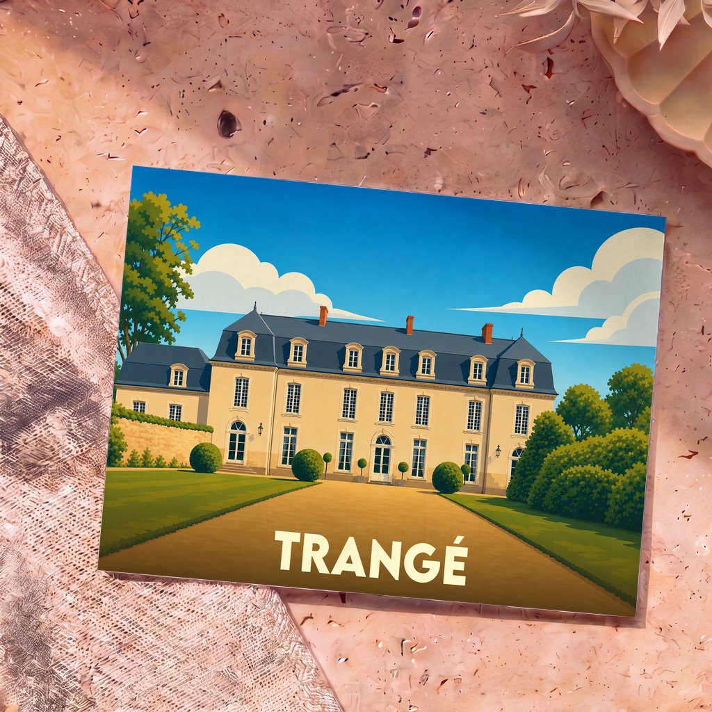 Carte postale souvenir de la ville de Trangé illustrant un château stylisé dans un jardin.