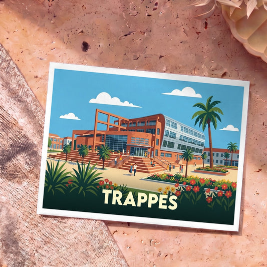 Carte postale souvenir de la ville de Trappes avec une illustration stylisée et colorée de son architecture urbaine.