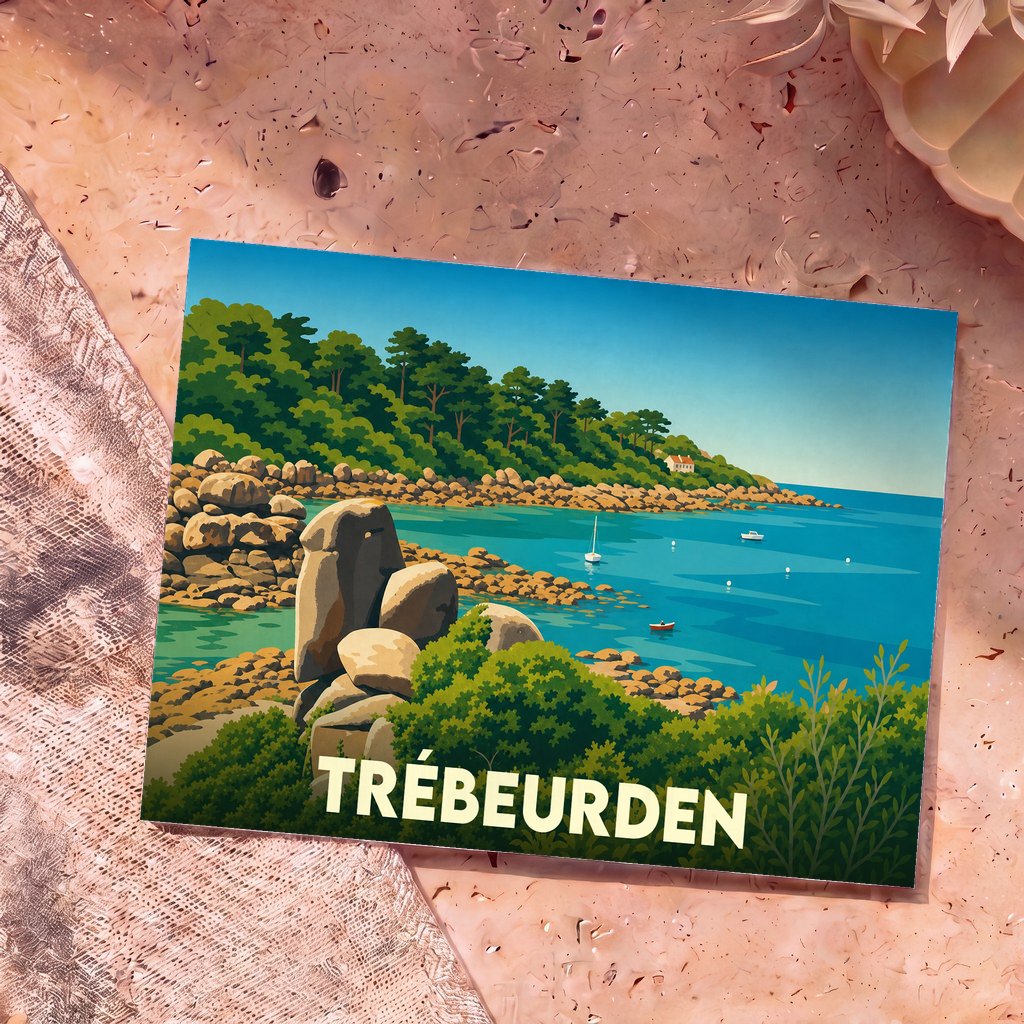 Carte postale souvenir de la ville de Trébeurden avec une illustration stylisée de sa côte rocheuse et de sa mer turquoise.