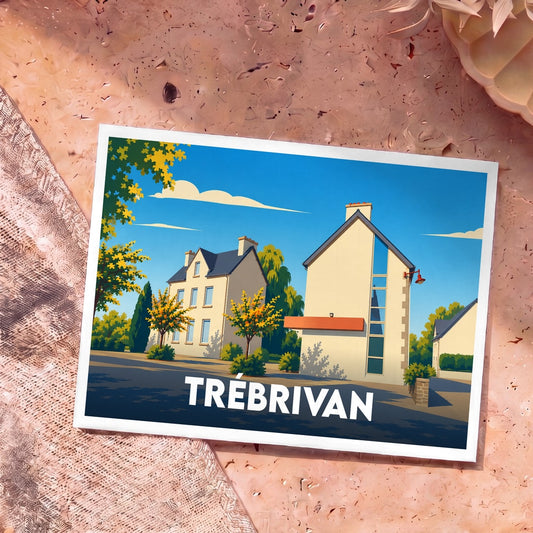 Carte postale souvenir de la ville de Trébrivan avec une illustration stylisée.