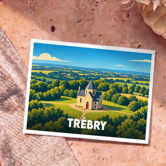 Carte postale souvenir de la ville de Trébry illustrée par un paysage champêtre stylisé et son église.