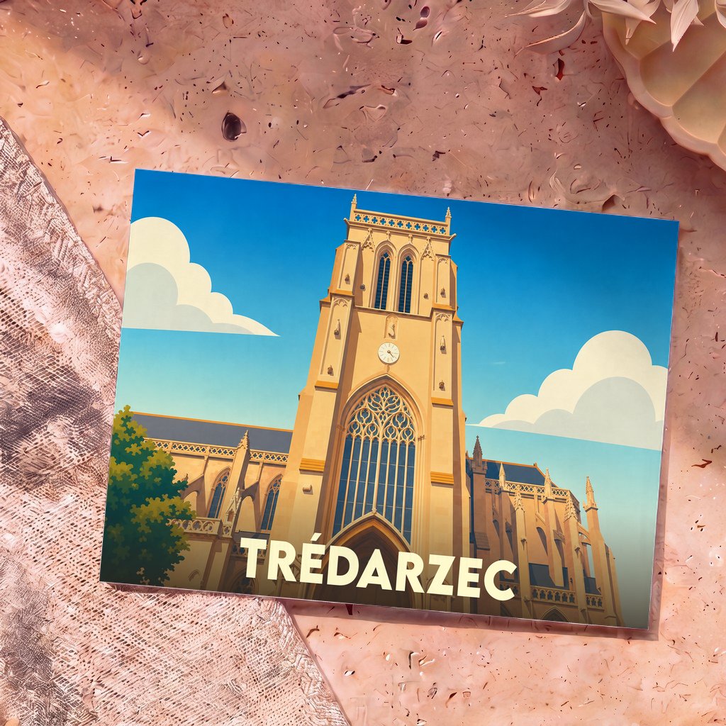 Carte postale souvenir de la ville de Trédarzec avec une illustration stylisée de son église.