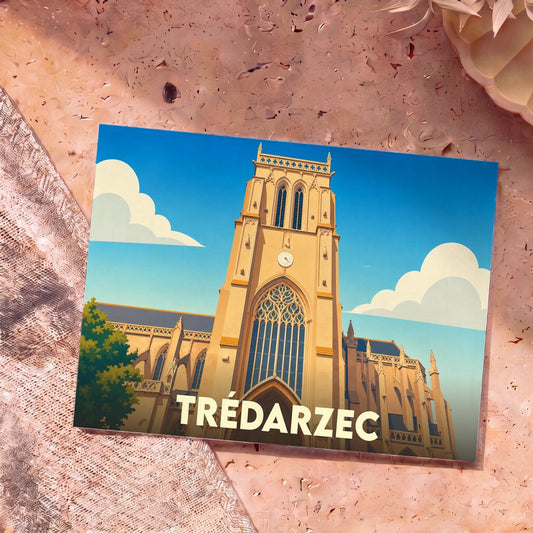 Carte postale souvenir de la ville de Trédarzec avec une illustration stylisée de son église.
