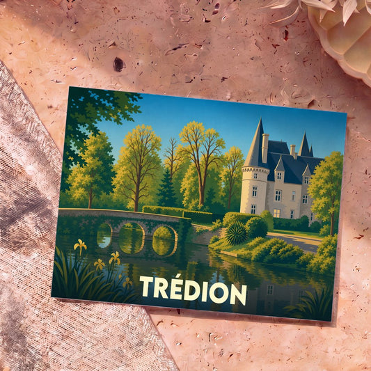 Carte postale souvenir de la ville de Trédion avec une illustration stylisée d'un château et de son pont de pierre.