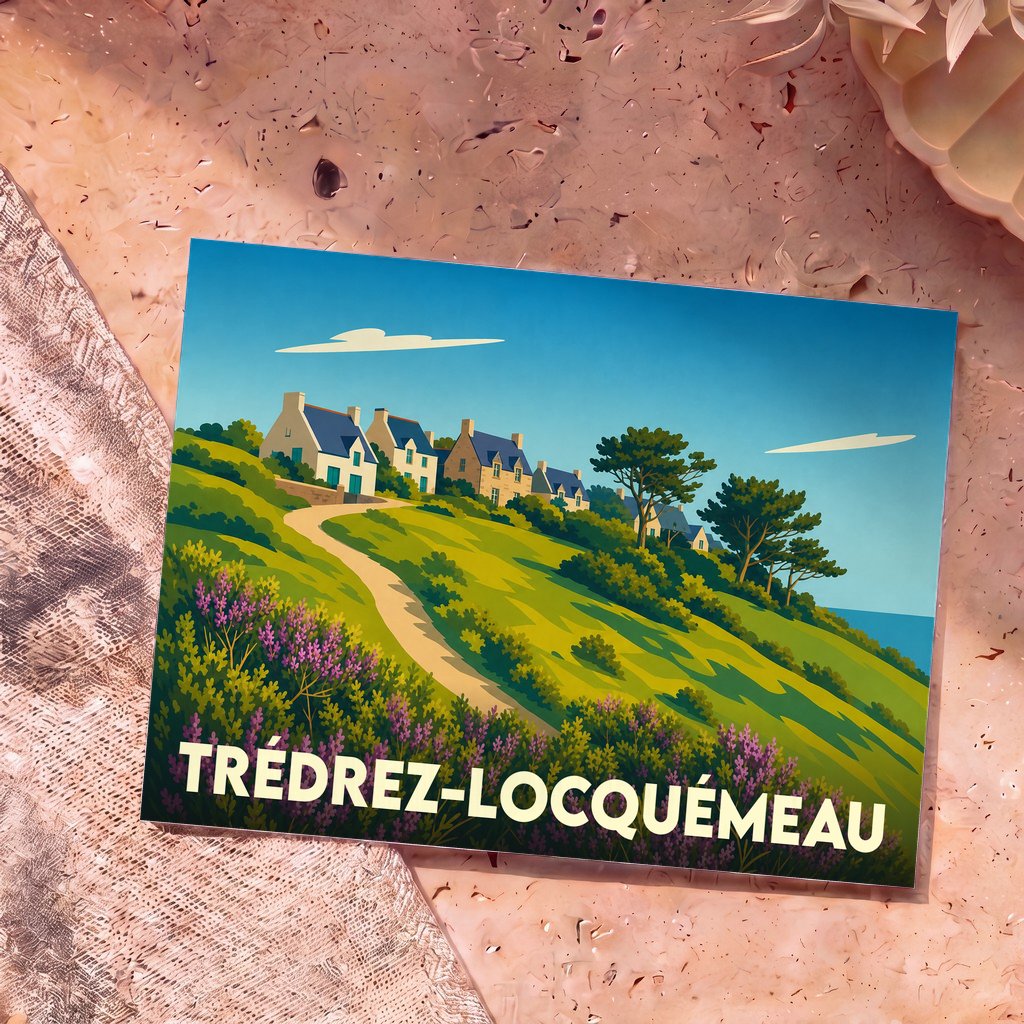 Carte postale souvenir de la ville de Trédrez-Locquémeau avec une illustration stylisée d'un village côtier breton.
