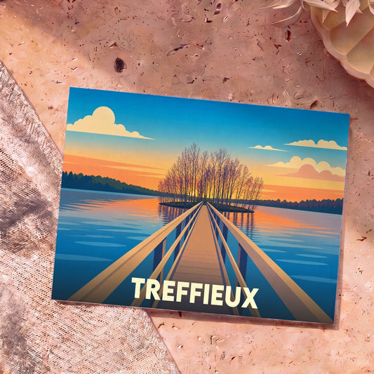 Carte postale souvenir de la ville de Treffieux avec une illustration stylisée d'un ponton sur un lac au coucher du soleil.