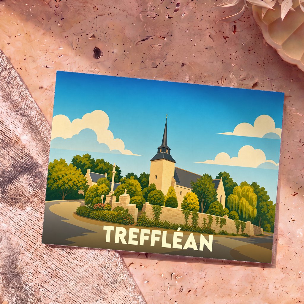 Carte postale souvenir de la ville de Treffléan avec une illustration stylisée de son église et de sa végétation.