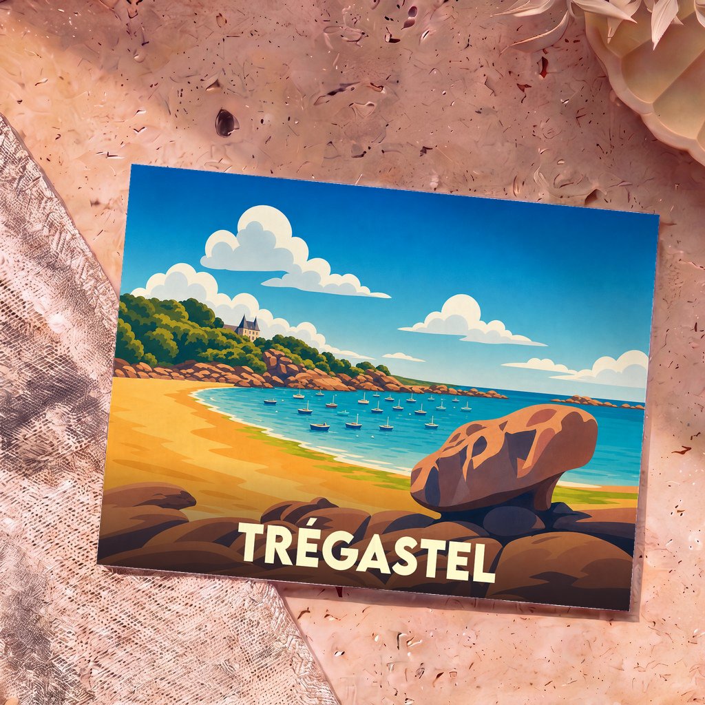 Carte postale souvenir de la ville de Trégastel illustrant une plage bretonne avec ses rochers de granit rose.