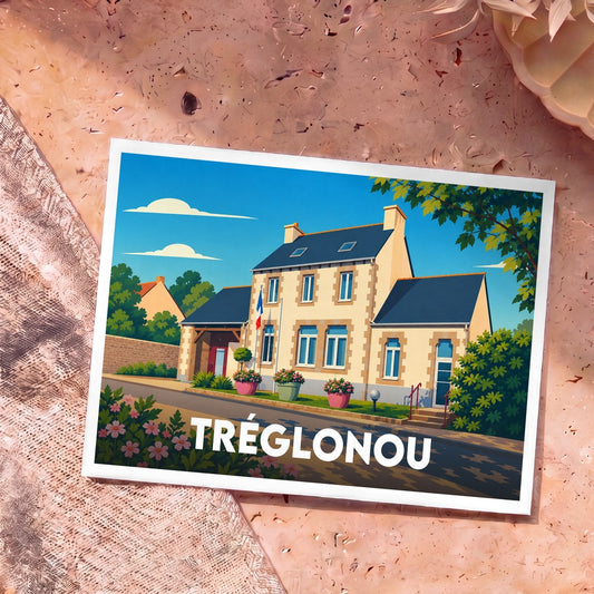 Carte postale souvenir de la ville de Tréglonou avec une illustration stylisée d'une maison de bourg bretonne.