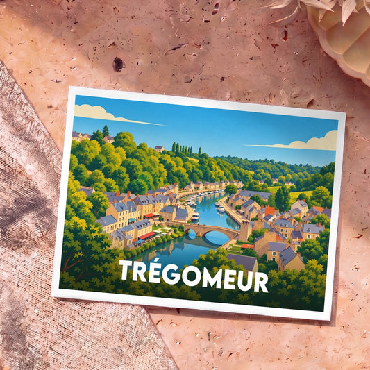 Carte postale souvenir de la ville de Trégomeur avec une illustration stylisée d'un village côtier breton.