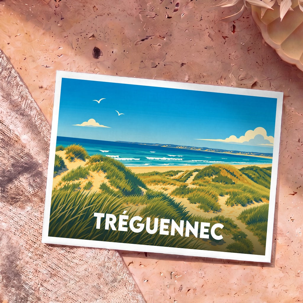 Carte postale souvenir de la ville de Tréguennec illustrant ses dunes et sa plage dans un style graphique épuré.