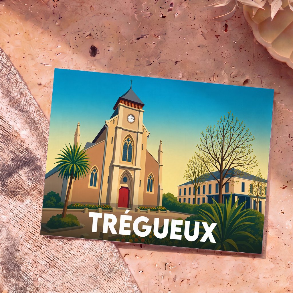 Carte postale souvenir de la ville de Trégueux avec une illustration stylisée de son église.