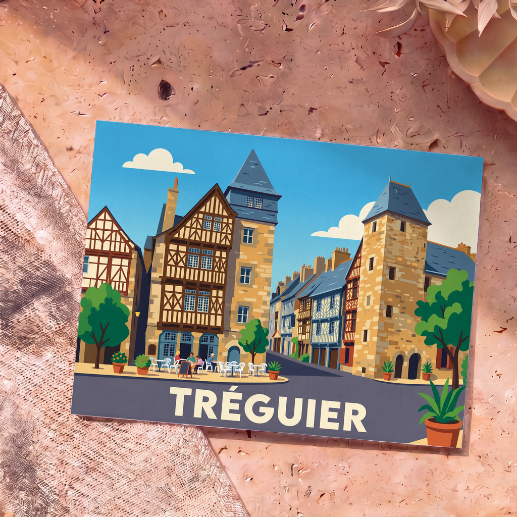 Carte postale souvenir de la ville de Tréguier illustrant ses maisons à colombages dans un style graphique épuré.