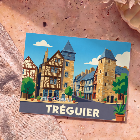 Carte postale souvenir de la ville de Tréguier illustrant ses maisons à colombages dans un style graphique épuré.