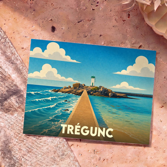 Carte postale souvenir de la ville de Trégunc avec une illustration stylisée de sa côte et d'un phare.