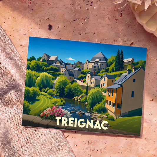 Carte postale souvenir de la ville de Treignac avec une illustration stylisée et colorée.