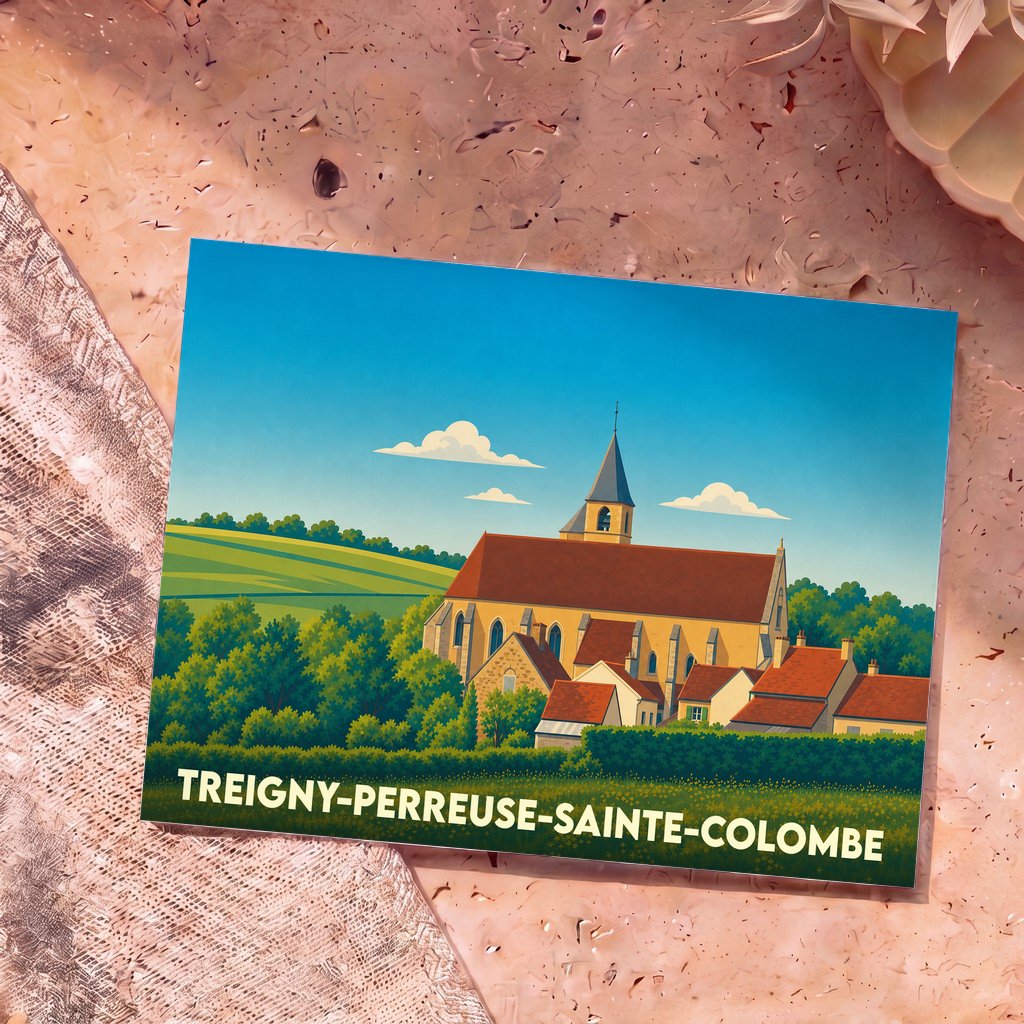 Carte postale souvenir de la ville de Treigny-Perreuse-Sainte-Colombe avec une illustration stylisée d'une église et de son village.