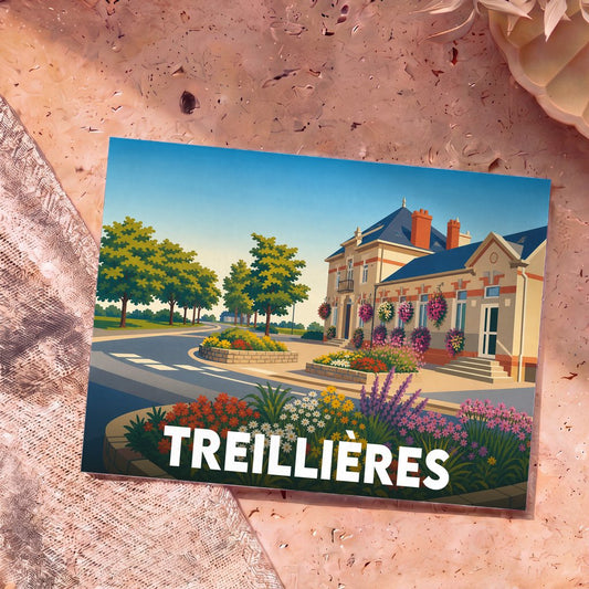 Carte postale souvenir de la ville de Treillières avec une illustration colorée et fleurie de l'hôtel de ville.