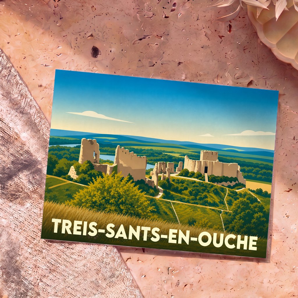 Carte postale souvenir de la ville de Treis-Sants-en-Ouche avec une illustration stylisée de ses ruines historiques.