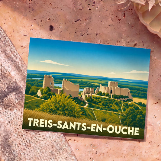 Carte postale souvenir de la ville de Treis-Sants-en-Ouche avec une illustration stylisée de ses ruines historiques.