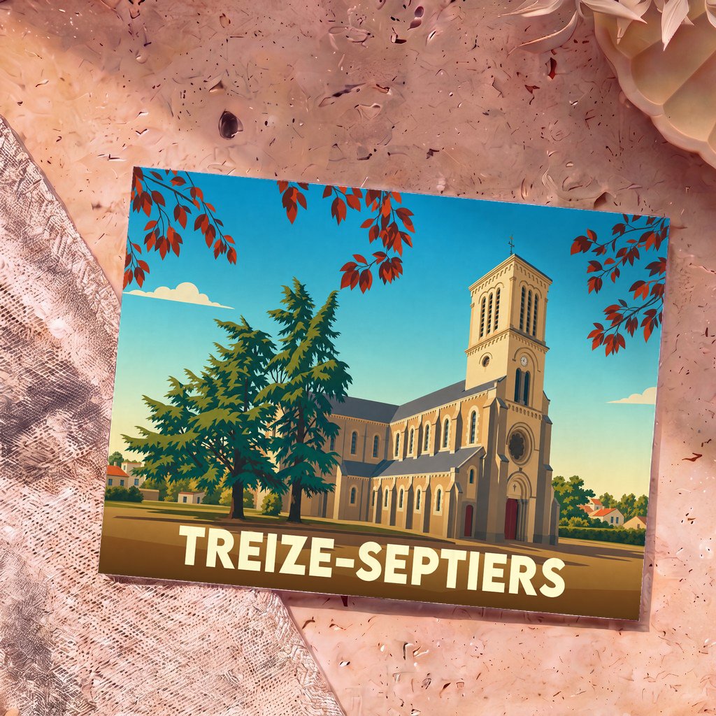 Carte postale souvenir de la ville de Treize-Septiers avec une illustration stylisée de son église.