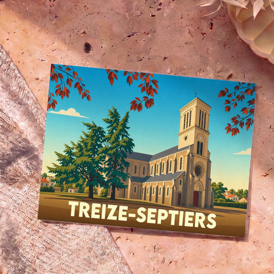 Carte postale souvenir de la ville de Treize-Septiers avec une illustration stylisée de son église.