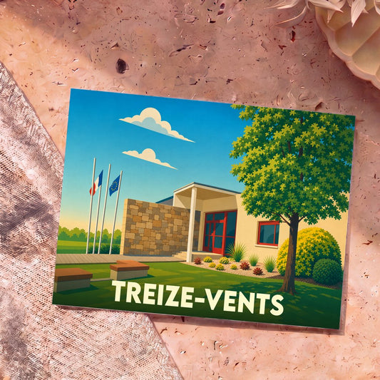 Carte postale souvenir de la commune de Treize-Vents avec une illustration stylisée de sa mairie.