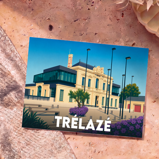 Carte postale souvenir de la ville de Trélazé avec une illustration stylisée de son hôtel de ville.