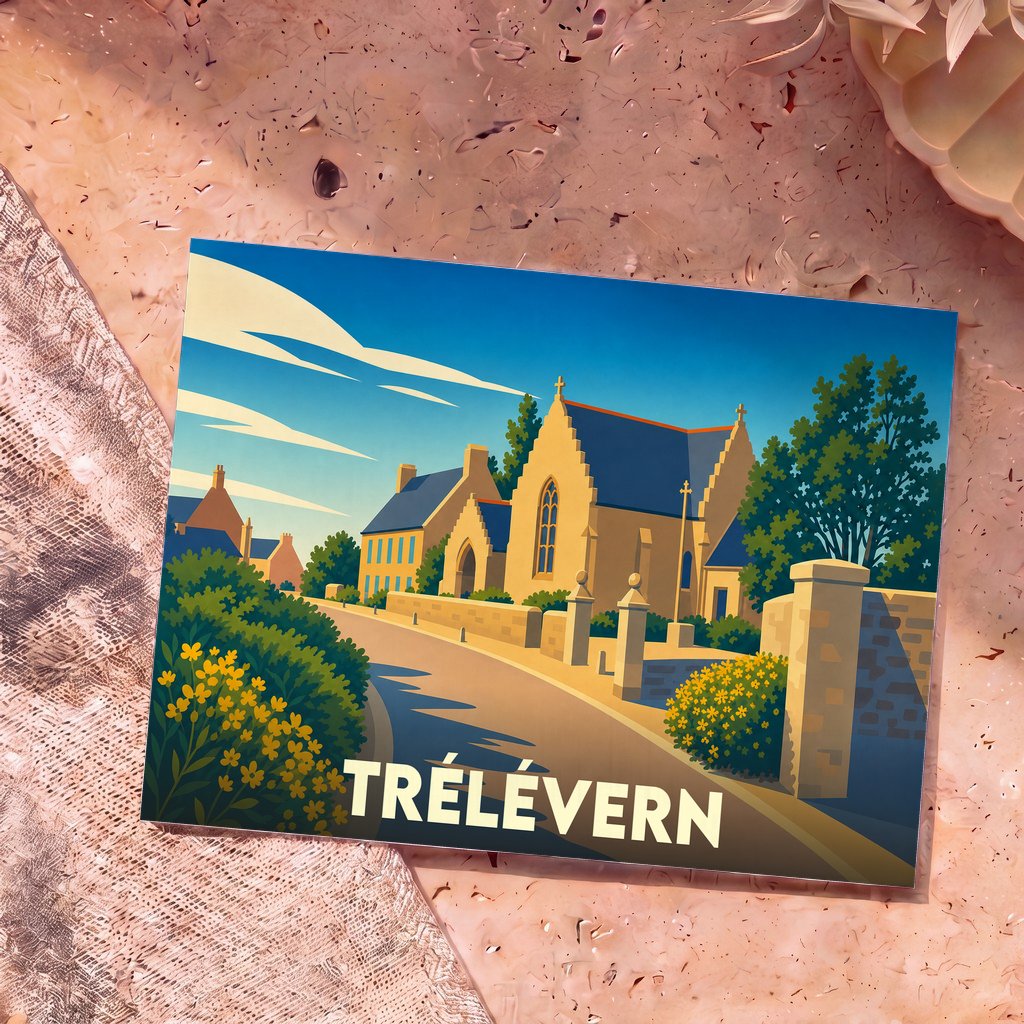 Carte postale souvenir de la ville de Trélévern avec une illustration stylisée de son église et de ses maisons.