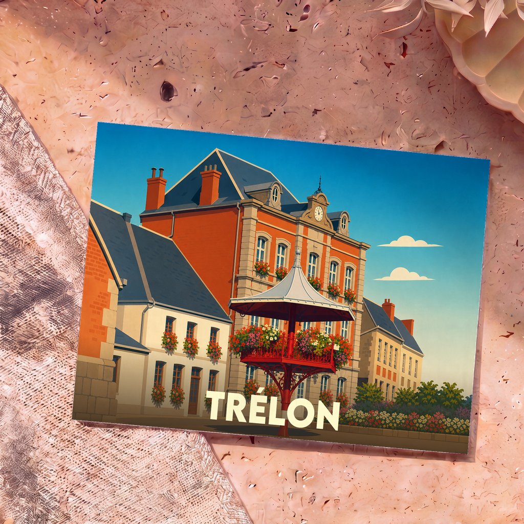 Carte postale souvenir de la ville de Trélon avec une illustration stylisée de son architecture.
