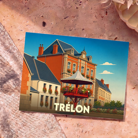 Carte postale souvenir de la ville de Trélon avec une illustration stylisée de son architecture.