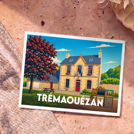Carte postale souvenir de la ville de Trémaouézan avec une illustration stylisée de sa mairie.