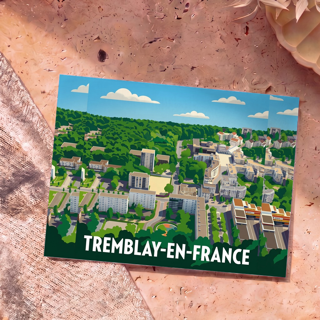 Carte postale souvenir de la ville de Tremblay-en-France illustrée d'une vue aérienne stylisée et colorée.