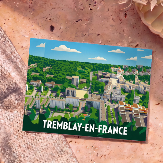 Carte postale souvenir de la ville de Tremblay-en-France illustrée d'une vue aérienne stylisée et colorée.