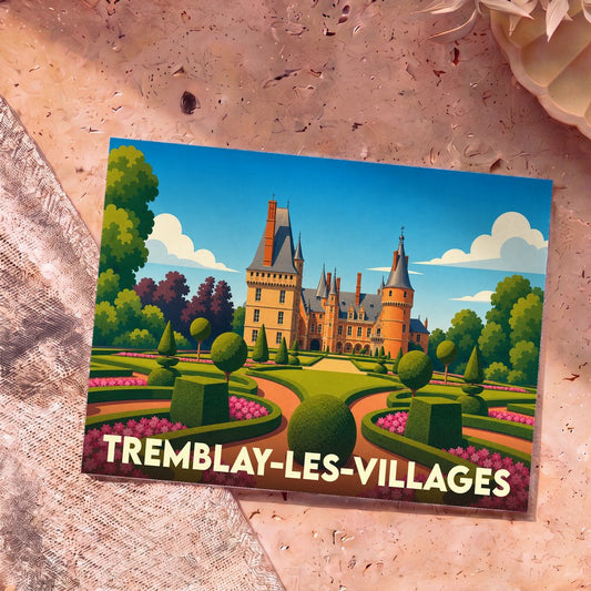 Carte postale souvenir de la ville de Tremblay-les-Villages illustrant un château et ses jardins à la française.