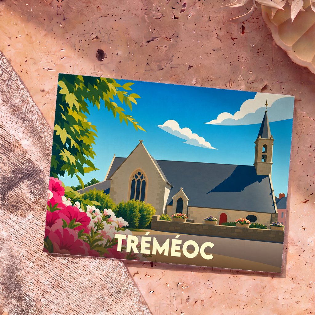 Carte postale souvenir de la ville de Tréméoc avec une illustration stylisée de son église fleurie.