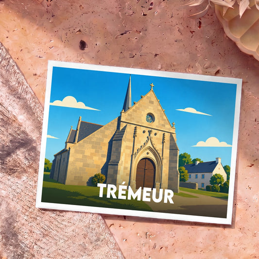 Carte postale souvenir de la ville de Trémeur avec une illustration stylisée de son église sous un ciel bleu.