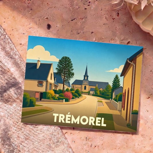 Carte postale souvenir de la ville de Trémorel avec une illustration stylisée de ses rues et de son église.